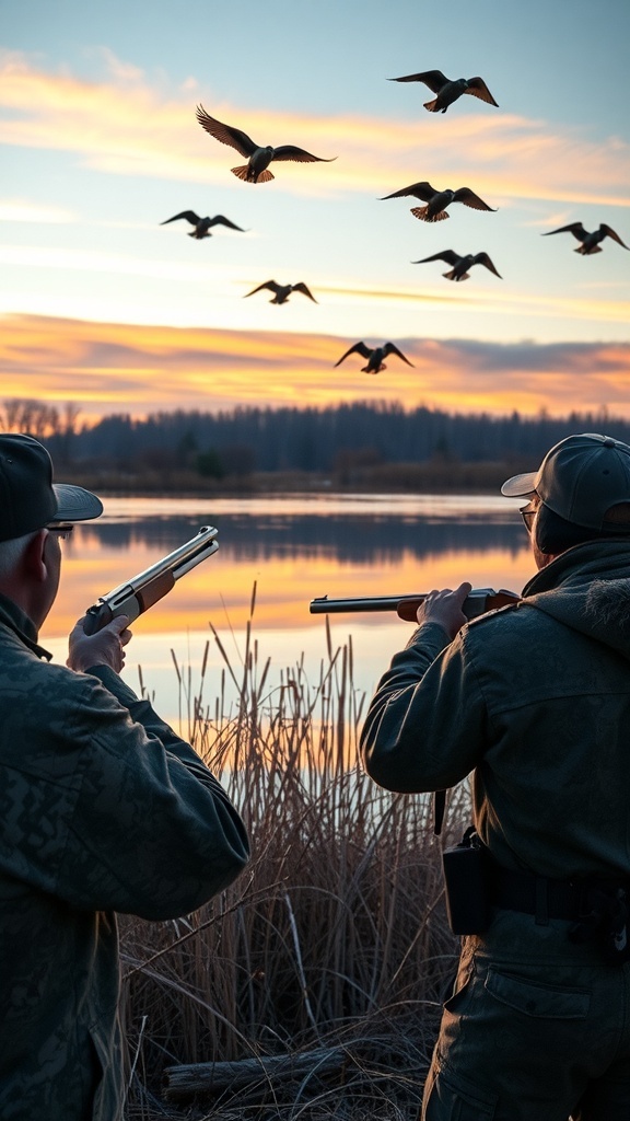 Hunters in camouflage by a lake at dawn, with ducks flying overhead.